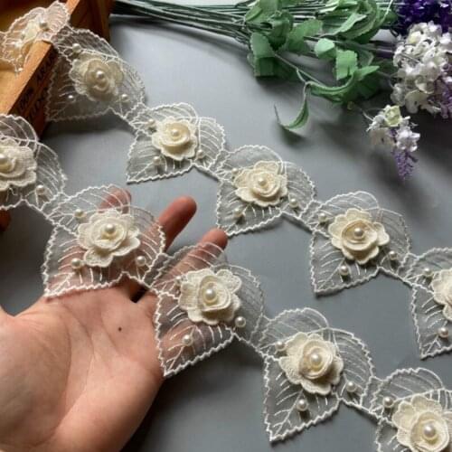 10X Ivory 7*8cm 3D Heart Pearl Flower Lace Trim Embroidered Lace Ribbon Handmade Wedding Dress Patchwork Sewing Supplies Craft