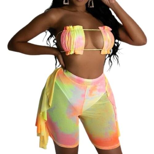 Swimwear Lingerie Set Swimsuit Women Tie-dye Tube Top High Cut Hight Waist Halter Bikini Set Three-piece Suit Swimsuit