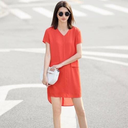 Summer Brief Vestido Women Casual Plus Size Sim Fit V Neck Pockets Decoration Short Sleeve Irregular High Low Chiffon Dress