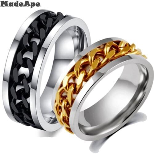 MadApe 8mm Rotable Punk Rock Men Ring Stainless Steel Gold Black Chain Spinner Rings For Women Men Ring Party Jewelry