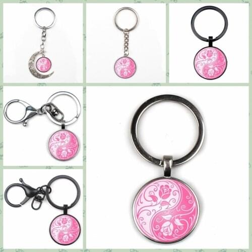 Cute Vintage Yin Yang Rose Flower Crystal Pendant Keychain Chinese Style Key Ring Glass Round Car Charm Bag Key Chain Gift Woman