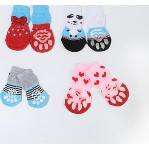 4 pcs Soft Pet Knits Socks Warm Puppy Dog Shoes Cute Cartoon Anti Slip Skid Socks for Small Dogs Wear Slip On Paw Protector