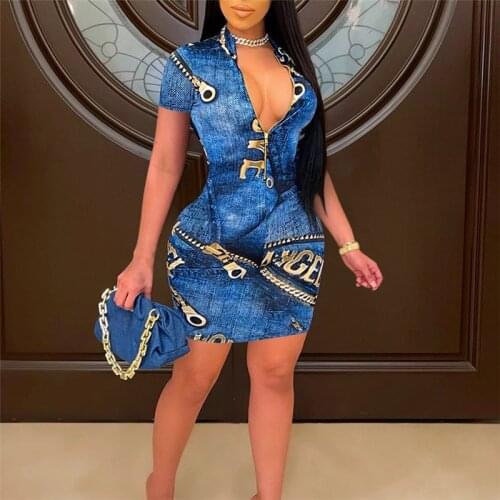 2021 Summer New Womens Short-Sleeved Zipper Blue Printed Denim Zipper Tight-Fitting Slim Dress Sexy Club Mini Dress