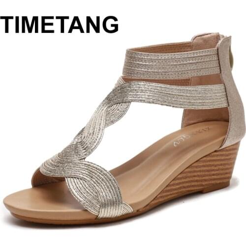 TIMETANG Sandals Women Wedge Sandals Women Summer New Large Size Was Thin Thin Thin Wild Womens Shoes Back Zipper Wedge Sandals