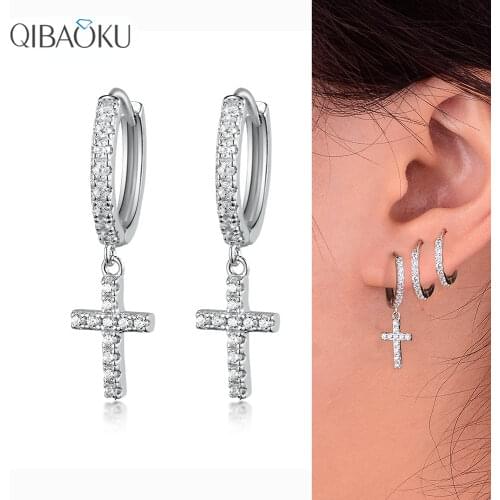 S925 Sterling Silver Hoop Earrings Cross White Zircon Earrings for Women Men Gift Pendant Cross Earrings Fine Ear Jewelry