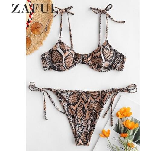 ZAFUL Snake Print Underwire Balconette Reversible Bikini Sets Back Cross Thong Two Pieces Swimsuits Girl Beach Bathing Suits