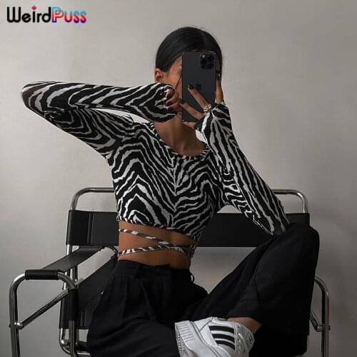 Weird Puss Y2K Striped Print Lace Up Crop Tops Women Long Sleeve Backless T-Shirts Fashion Streetwear Autumn Casual Slim Tees