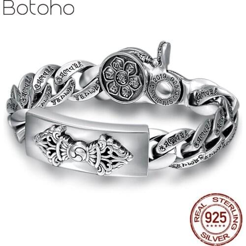 100% 925 Sterling Silver Buddha Mantra Instrument Vajra bracelets Bangle Width 14mm Thai silver men friendship Bracelet Jewelry