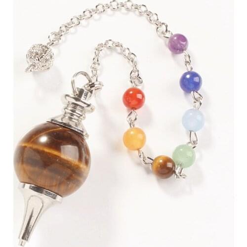 100-Unique 1 Pcs Silver Plated Natural Tiger Eye Stone Round Beads Chain Dowsing Pendulum Pendant For Gift