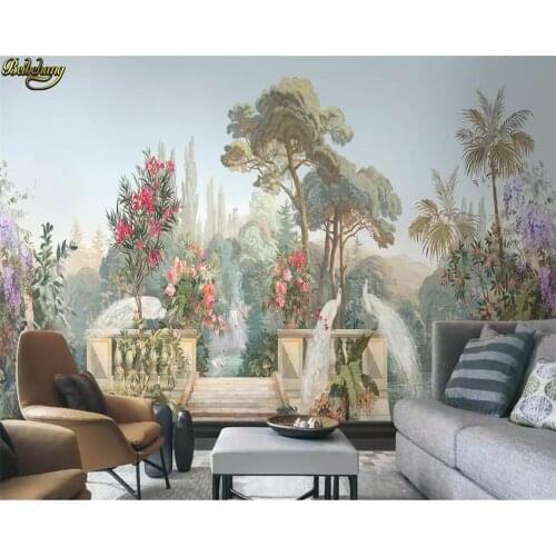 Beibehang Custom 3d wallpaper mural court garden white peacock ancient Rome American hand-painted flowers and birds landscape