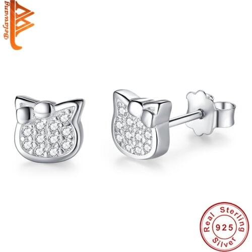 BELAWANG Christmas 925 Sterling Silver Cat Earrings For Women Children Girls Cubic Zircon Crystal Earrings Silver Jewelry
