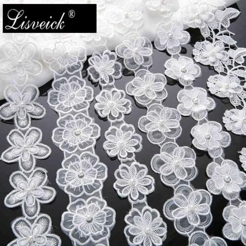 White Pearl Flower Embroidered Fabric Lace Edge Trim Ribbon Wedding Embroidered Applique Trimmings Sewing Craft Baby Dress Decor
