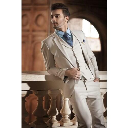 Beige Two Buttons Notch Lapel Tailored Men Suits Slim Fit Costume Homme Wedding Dress Groom Tuxedos Prom Suits Coat Pant Vest