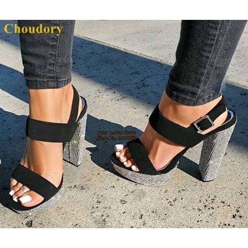 Choudory Bling Bling Crystal Chunky Heel Sandals Silver Rhinestone Thick High Heel Wedding Shoes Black Suede Buckle Strap Pumps