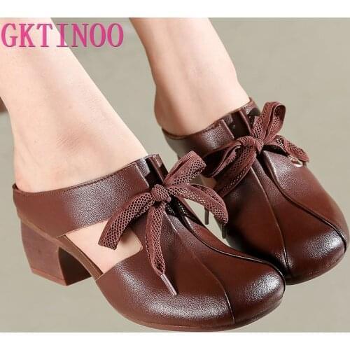 GKTINOO 2021 Summer Womens Genuine Leather Clogs Shoes Round Head Slip On Femme Slippers Retro Handmade Zapatillas Mujer