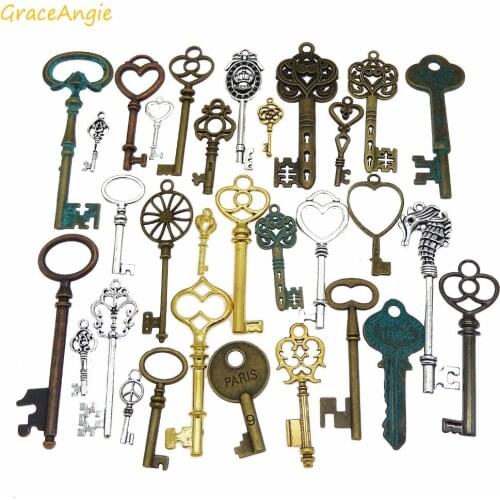 GraceAngie 10pcs DIY Wholesale Assorted Skeleton Key Antique Alloy Charms Mixed Shape Randomly Pendant Jewelry Finding 10-80mm