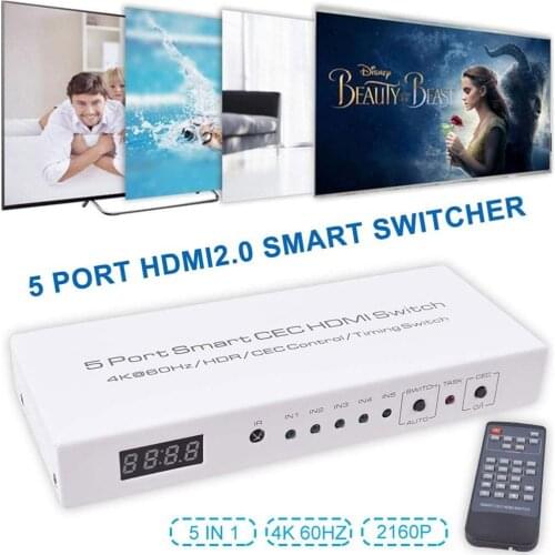 HDMI-CEC HDMI 2.0 Switch 5 in 1 out HDMI 2.0 Smart Switch switcher 4K 60Hz HDR CEC Control Clock Setting Function