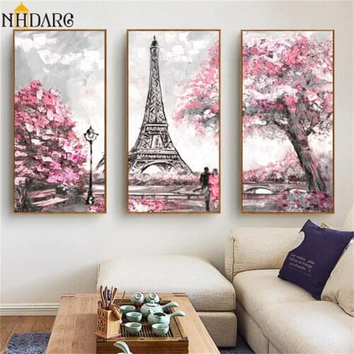 3 Panels Pink Lovers Tower View of Paris Landscape Wall Art Canvas Painting Picture for Living Room Home Decor Decoration
