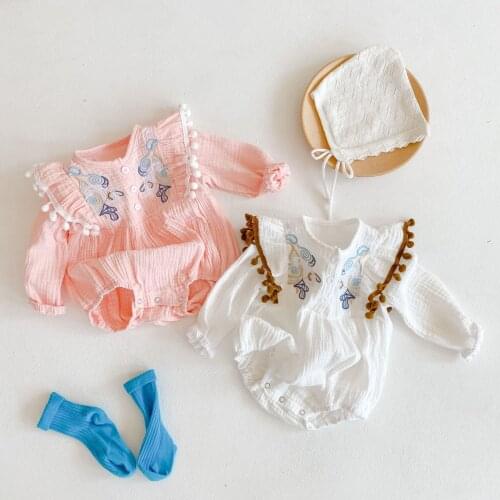 Baby Girls Romper 2021 Pink White Embroidery Long Sleeve Cotton Infant Bodysuit New Born Spring Summer Outwear Children Clothing