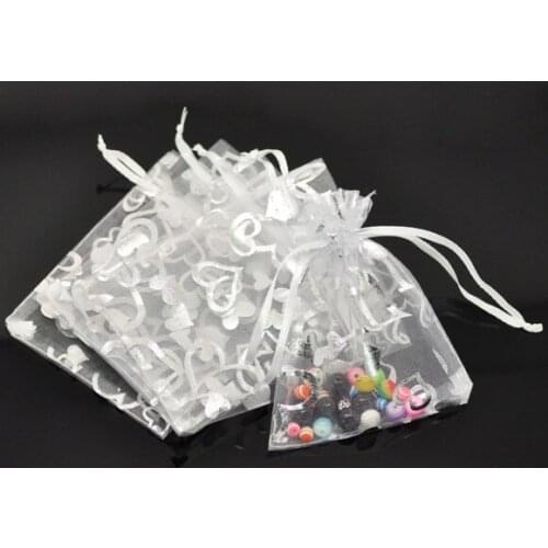 4PCS Organza Jewelry Bags Drawstring Rectangle White Heart Pattern Earring Necklace Jewelry Packing Gift 12cm x9cm