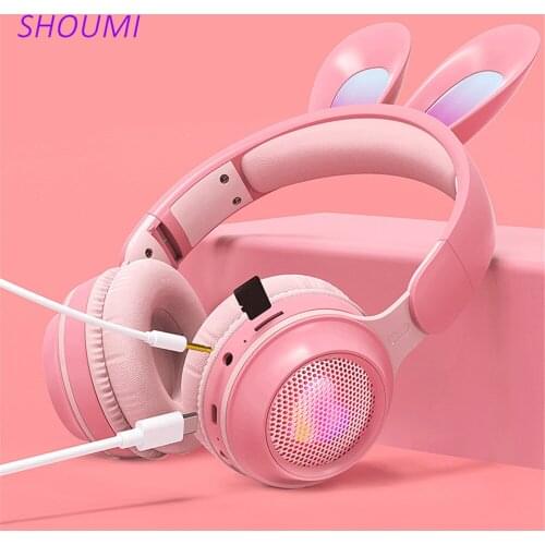 Flashing LED Cute Rabbit Ears Headphones Bluetooth Wireless Headset with Extend Mic TF Kid Girl Stereo Music Earbud Earphon Gift