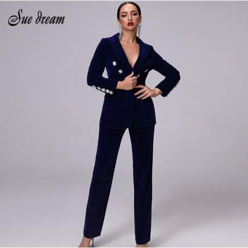 2020 New Womens Luxury Dark Blue Velvet Long-sleeved Crystal Diamond Buckle Jacket & Trousers 2 Pieces Two-piece Christmas Coat