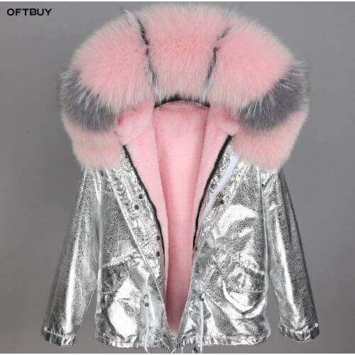 OFTBUY 2021 parka real fur coat winter jacket women natural fox fur collar warm loose faux Fur liner sliver short coat fashion