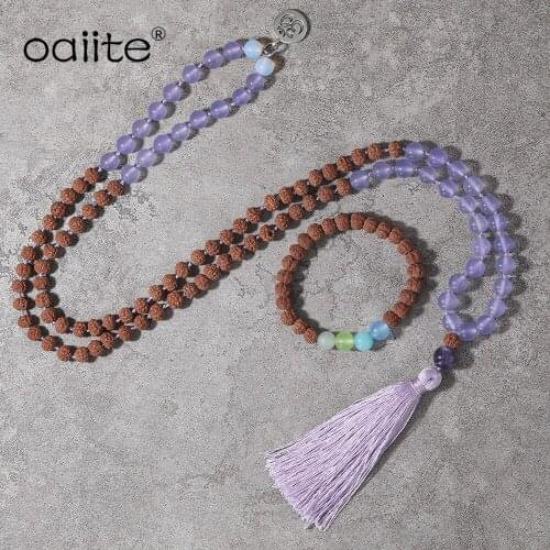 OAIITE Amethyst And Rudraksha Beads Necklace 108 Mala Long JaPa OM Symbol Mala Necklace Peaceful Heart Calming Yoga Jewelry Set