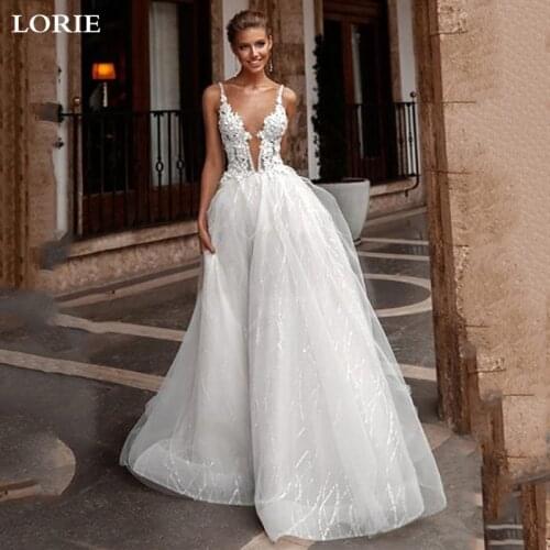 LORIE A Line Boho Wedding Dress 2019 Spaghetti Straps Glitter Tulle Sexy Bridal Wedding Gowns Vestidos de novia