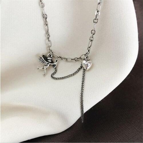 Thai Silver Texture Tassel Heart Shaped 925 Sterling Silver Jewelry Retro Love Angel Clavicle Chain Exquisite Necklaces N231