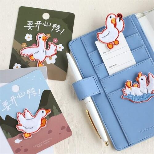 AHYONNIEX White Color Embroidery Happy Duck Patches For DIY Clothing Iron on Patch with Hot Melt Glue on The Back