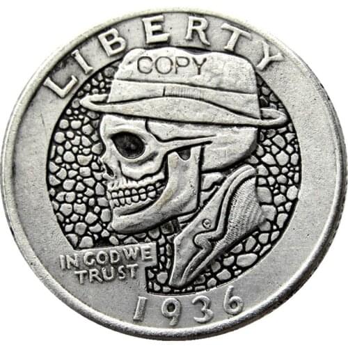 W(10) Hobo 1936 Washington Quarter Dollars Skull Zombie Skeleton Hand Carved Silver Plated Copy Coins