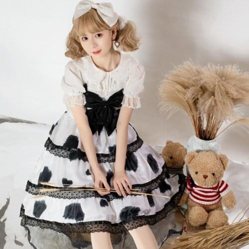 Japanese Sweet Lolita Gothic Soft Girl Ball Gown Dress Kawaii Cows Printing Bow Cute Sleeveless Lace Ruffles JSK Cupcake Dresses