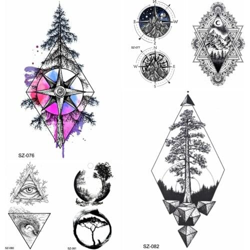 YURAN Blue Watercolor Pine Tree Tattoo Women Stickers Compass Temporary Tattoo Men Body Art Drawing Waterproof Tatoos Forest