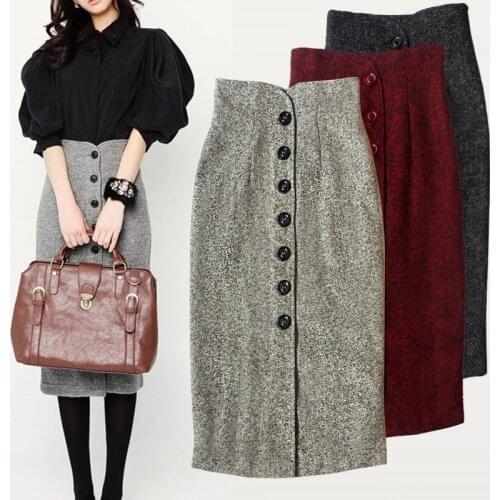Free Shipping 2020 New Fashion Woolen Elegant Long Knee-length Women Skirts Pencil S-2XL Single-breasted High Waist Winter Skirt