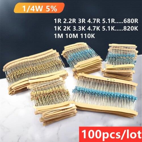 100PCS/Carbon film 1/4W 5% resistance element 1R 2.2R 4.7R 5.1R 33R 100R 200R 680R 1K 2K 3.3K 4.7K 5.1K 10K 15K 20K 220K 820K 1M