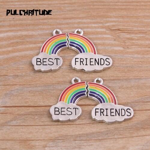 2 Set Two Size Alloy Metal Drop Oil Rainbow BEST FRIENDS Charms Connector For DIY Bracelet Necklace Jewelry Making