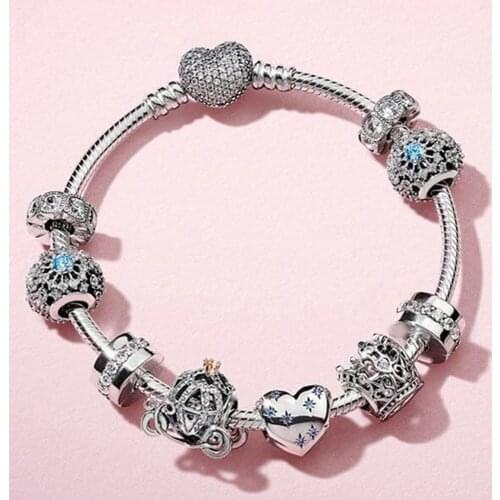 2019 NEW 100% 925 Sterling Silver 1:1 Classic Fairy Tale Snowflake Dream Pompoen Koet Charm Crown Bead Bracelet Set Jewelry Gift