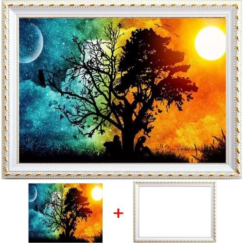 Framed 5D DIY Diamond Painting Landscape Tree Full Round Diamonds Embroidery Tree Kits Decorations Home