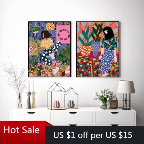 Abstract Fashion Vintage Girl Plant Dog Wall Art Canvas Painting Nordic Prints Wall Pictures For Posters Aesthetic Room Decor