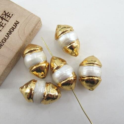APDGG Wholesale 5 pcs Freshwater Cultured White Keshi Pearl Beads Gold Plated Beads