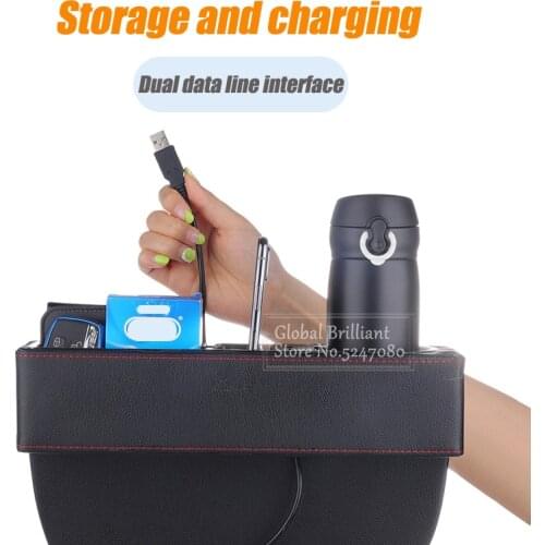 Car Dual USB Charger Seat Gap Slit Box PU Leather Phone Bottle Cup Holder Box Organizer Car Seat Gap Storage Box Car Accessories