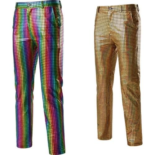 Shiny Gold Rainbow Sequin Plaid Trousers Men Disco Nightclub Stage Prom Bling Pants Men Christmas Party Dancer Singer Costume