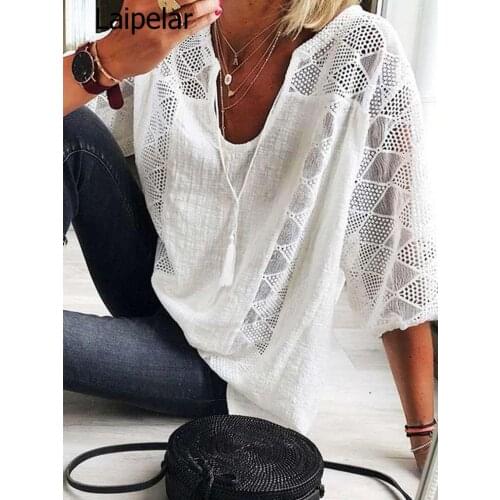 Large Size Loose Women Blouses 2020 Summer Cotton Blouse Solid Color Leisure Hollow O-neck 3/4 Sleeve Lace Women Shirt