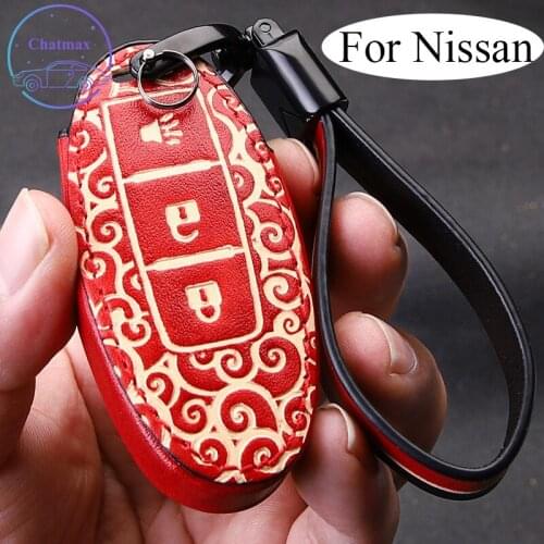 Car Key Case for Nissan X-Trail Sylphy Tiida Teana Qashqai Cima Leather Chain Bag Fob Holder Traditional China Style