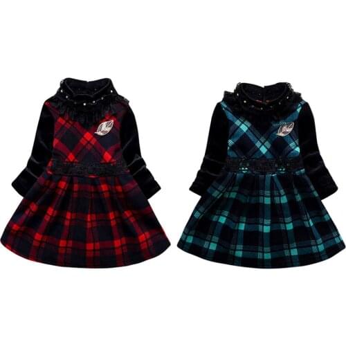 JOCESTYLE Children Plaid Stand Collar Fleece Princess Dress Thickened Kids Girls Winter Long Sleeve Cotton Mesh Dresses