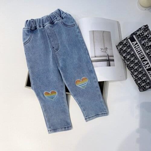 2 3 4 5 6 Y Toddler Girl Jeans Causal Solid Elastic Waist Love Embroidery Straight Denim Pants for Girl Child Baby Trousers New