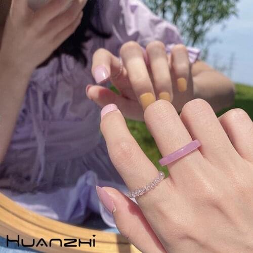 HUANZHI 2020 New 2pcs/set Minimalist Adorable Candy Color Acrylic Transparent Beaded Rings for Women Party Vacation Jewelry