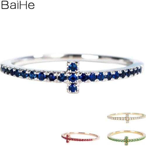 BAIHE Solid 14K White Gold 0.2ct Round Natural Sapphirs Engagement Wedding Women Trendy Fine Jewelry Delicate cross gem Ring