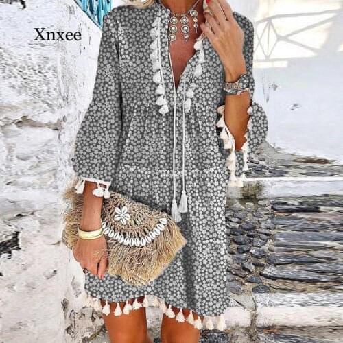 Summer Womens Retro Womens Floral A-Line Skirt Evening Dress Autumn Gray V-Neck Lace-Up Tassel Mini Dress Elegant Long-Sleeved